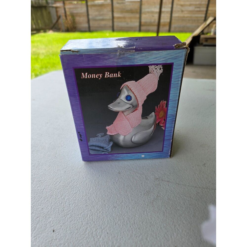 Vintage Silver-Plated Duck Money Box Bank With Blue Eyes By Leonard Boxed 1980s
